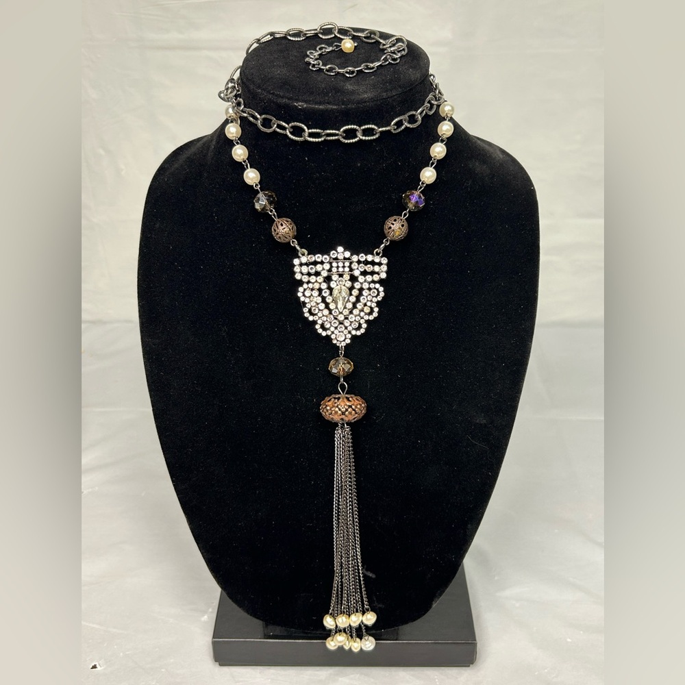 L&F Pearl, Rhinestone & AB Beaded Tassel Silver Tone Necklace